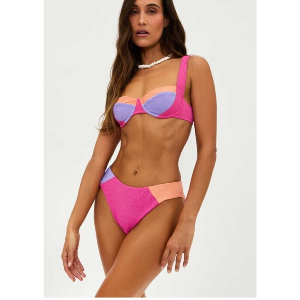 Beach Riot Pink Colorblock Sparkly Underwire Bikini Top L